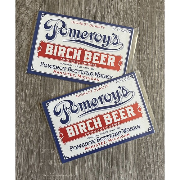 Vintage Pomeroy's Birch Beer Bottle Labels (2) Bottling Works Manistee Michigan - Picture 1 of 4